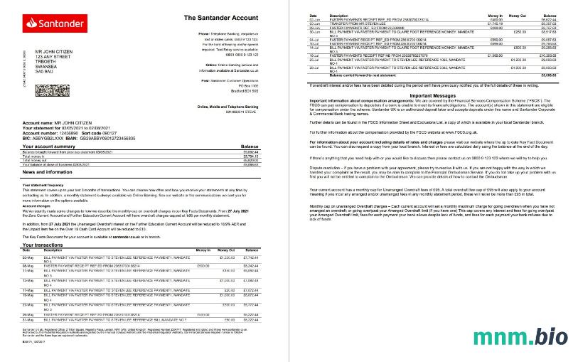 United Kingdom Santander Bank statement template in Excel and PDF format (2 stronas)